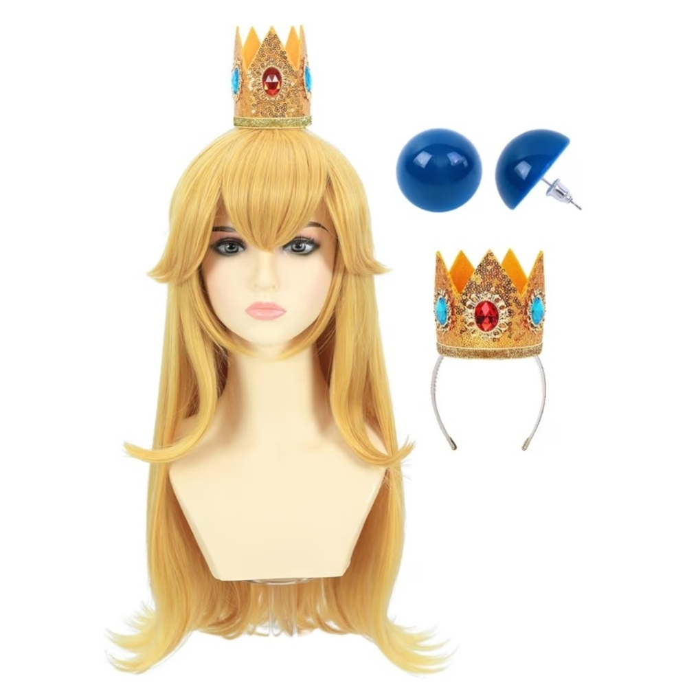 Blonde Princess Peach Wig With Crown And Earrings